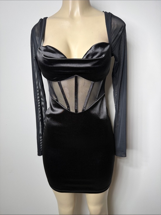 Princess Polly Dresses & Skirts - Princess Polly Black Satin & Mesh Long Sleeve Corset Mini Dress